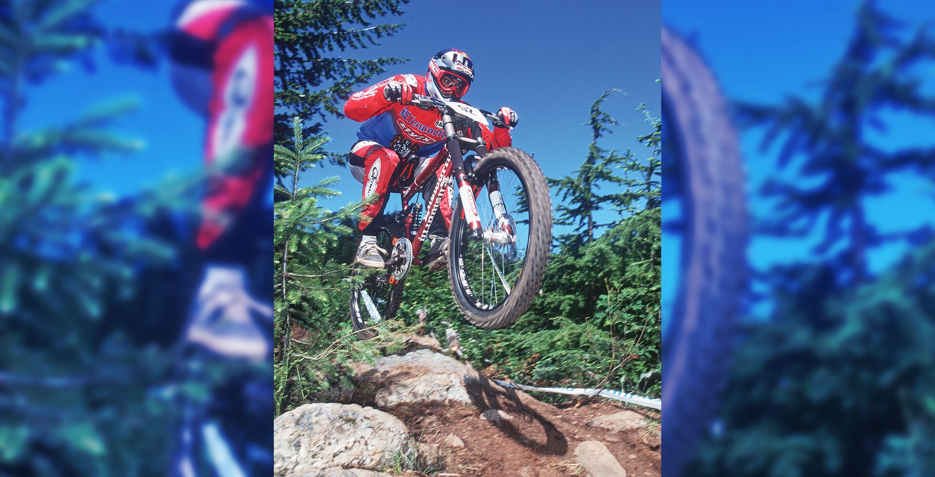 Narrow bars, 26-inch tires and stanchion covers—oh, how the times have changed. Shaums March with his eyes on the prize during the 1998 World Cup race at Snoqualmie Pass, WA.