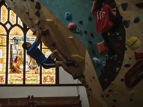 Stained glass isn’t the usual décor of climbing gyms, though, at Brimstone Boulders in Hood River, it’s a hallmark feature of the space.