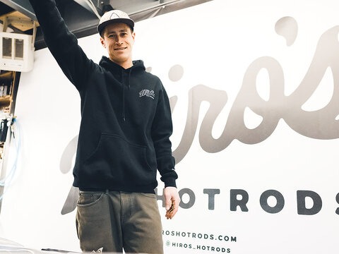 Austin Hironaka’s career trajectory is anything but ordinary— he’s worked in construction and as a professional snowboarder. Now he owns and operates Hiro’s Hotrods, a custom build auto shop in Bellingham, Washington. Photo: Paris Gore
