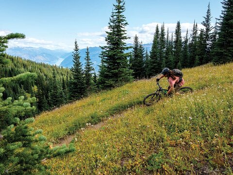 Every descent in the Chilcotins is hard-earned, but totally worth it. Frankie Devlin drops into Lick Creek Trail with Carpenter Lake in the distance.
